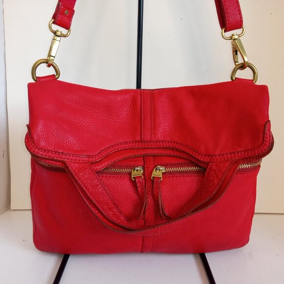 Vintage FOSSIL Fold-over Convertible Crossbody Bag Lipstick Red Pebbled Leather - Picture 4 of 15